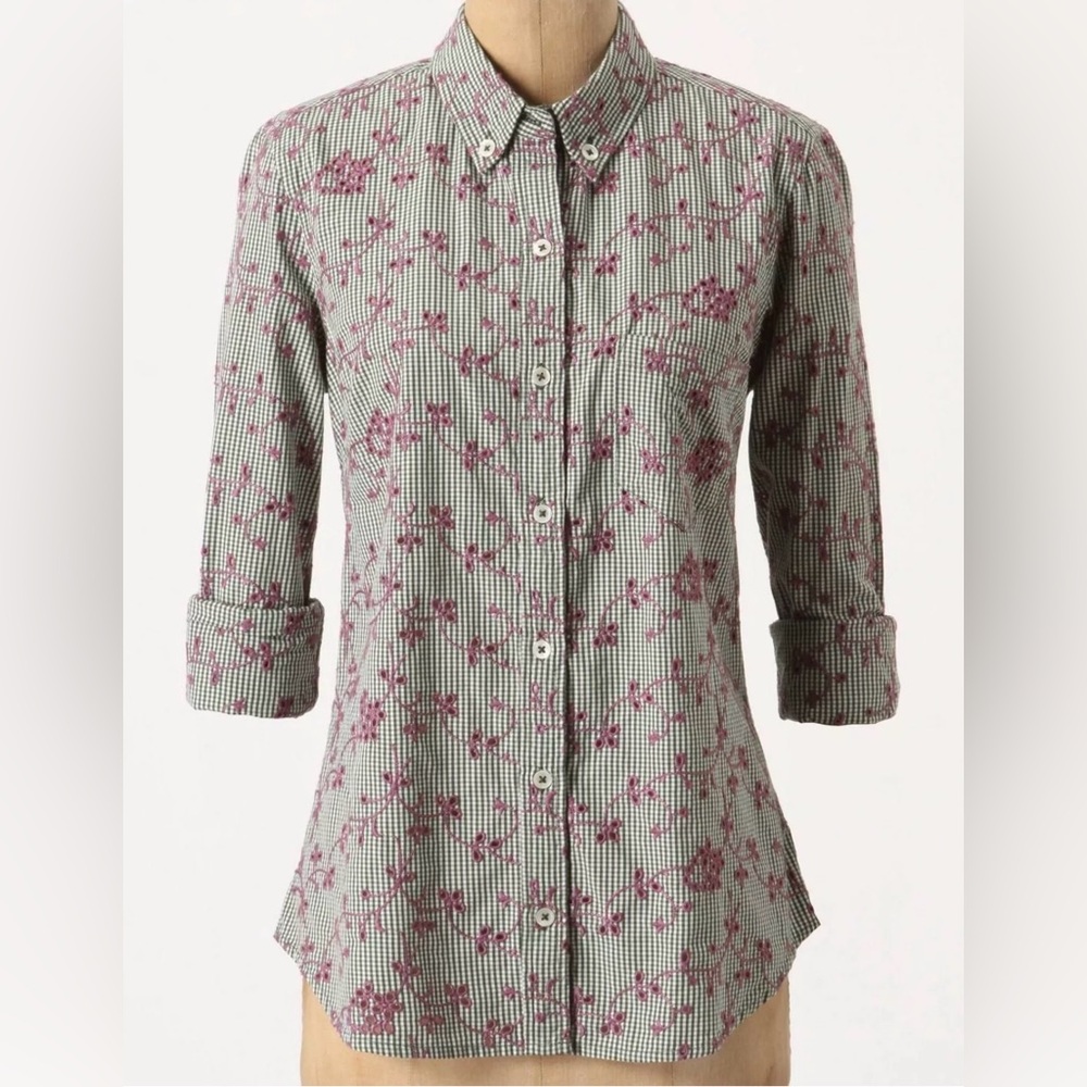 Anthro ODILLE Embroidered Eyelet ButtonDown Shirt Top Blouse Green Purple White